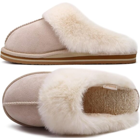 ⚡Women Apricot Suede Fluff Dual Memory Foam Arch Support Warm Scuff Slipper - Picture 1 of 7